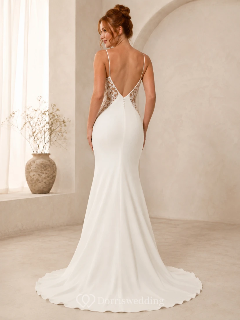 Stretch Satin Wedding Dress Mermaid V-Neck Sleeveless Sweep Train Open Back Bridal Gown view 2