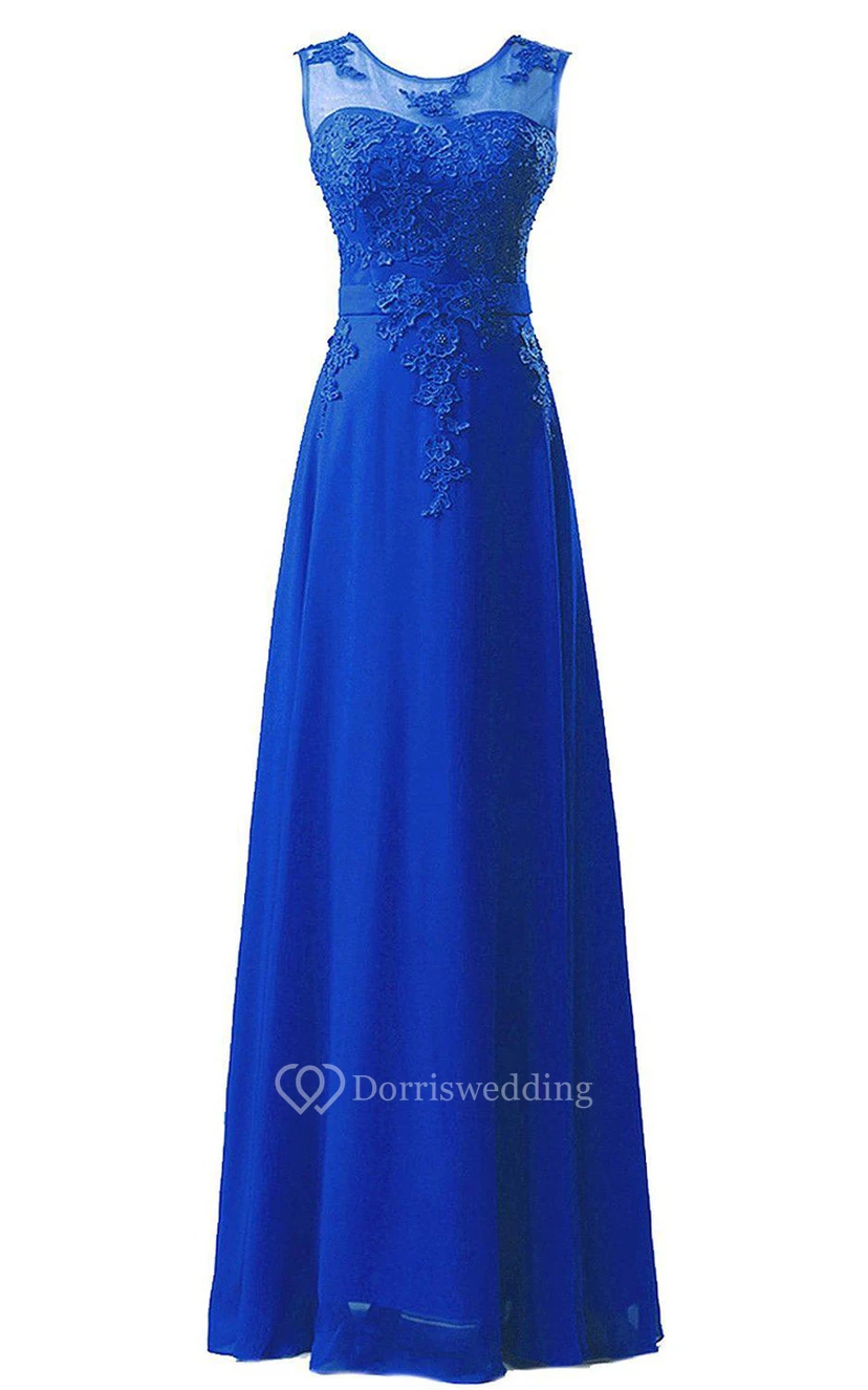 Atemberaubendes ärmelloses langes Chiffonkleid mit Spitzenapplikationen