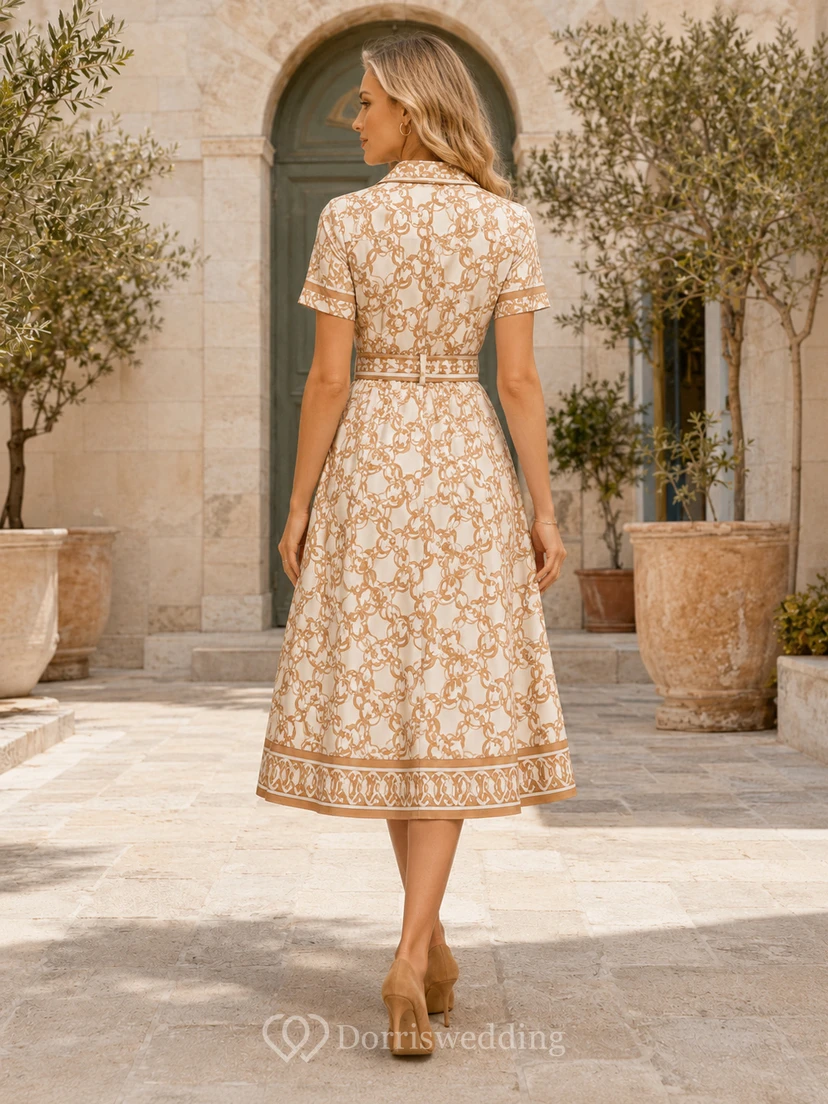 Beige Monogram Inspired Shirt Collar Belted Midi Dress view 2