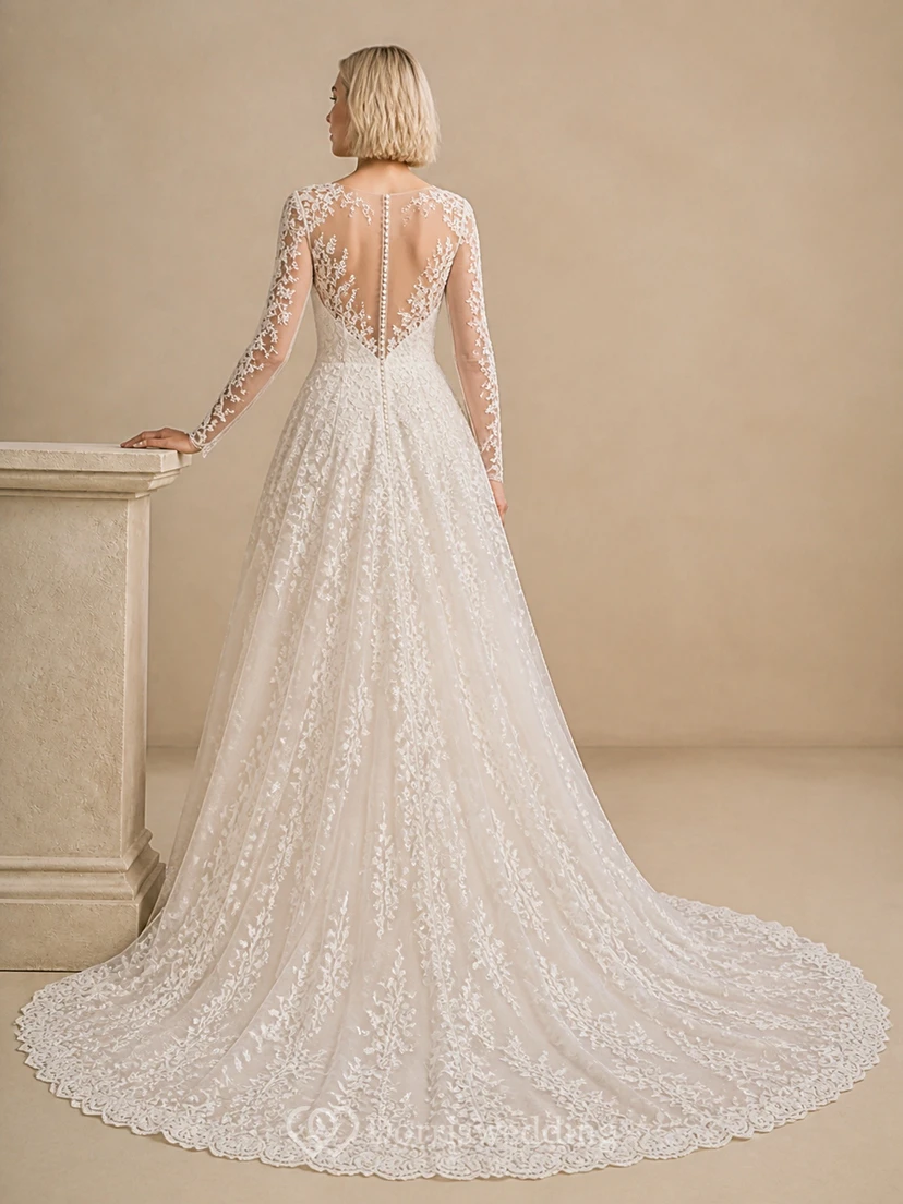 Elegante vestido de novia de capilla con escote en V profundo en la espalda y mangas largas para novias mayores view 2