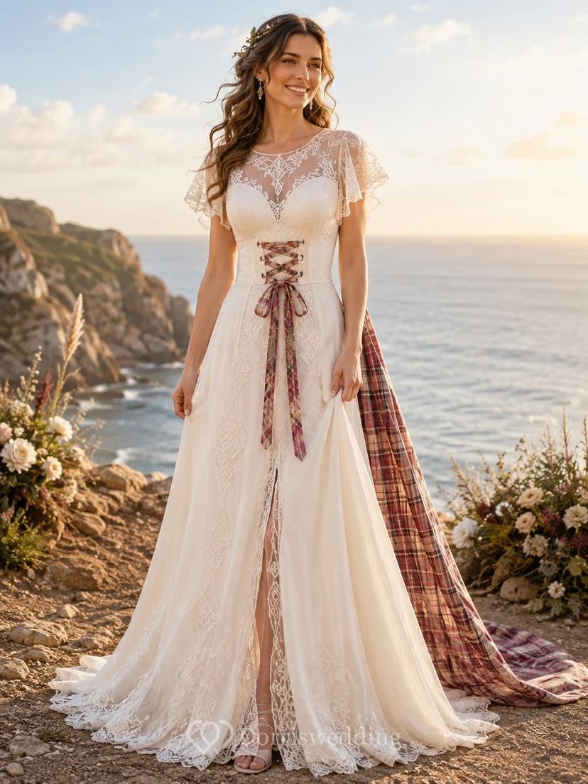 Scottish Handfasting Tartan-Train Cap-Sleeve V-Neck Lace A-Line Boho Wedding Dress