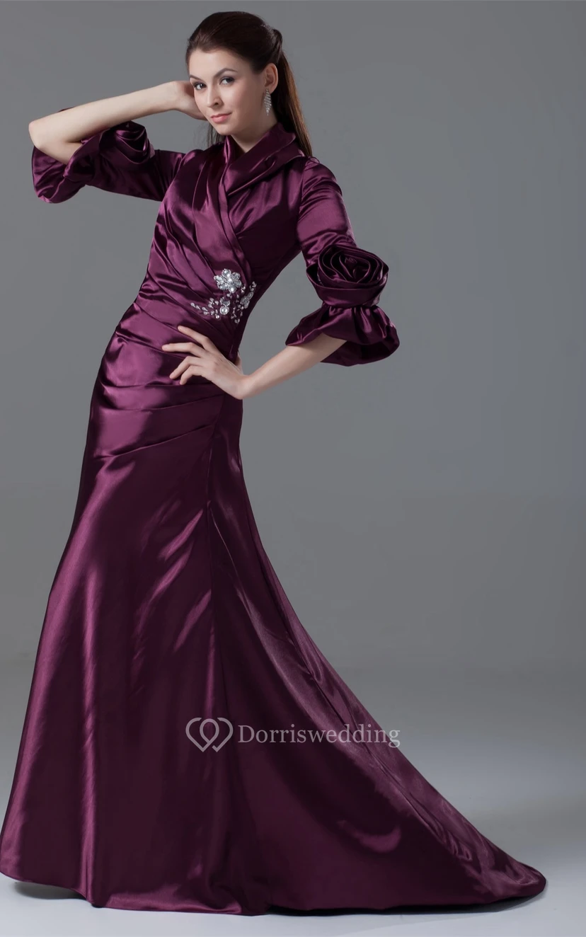 Exquisites, seitlich gerafftes, langärmeliges Kleid mit Perlenstickerei und Blumenmuster view 2