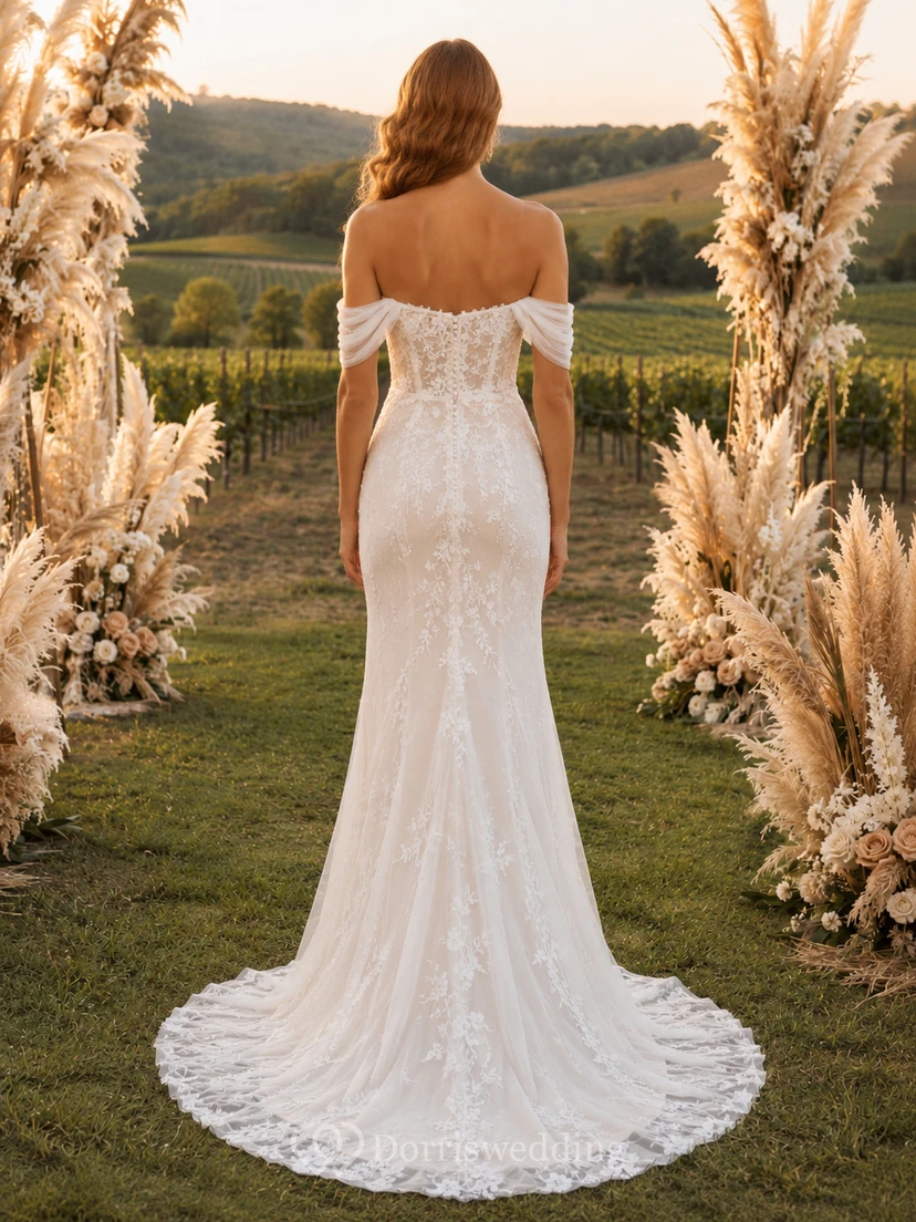 Off Shoulder Lace Sheath Garden Pampas Wedding Dress view 2
