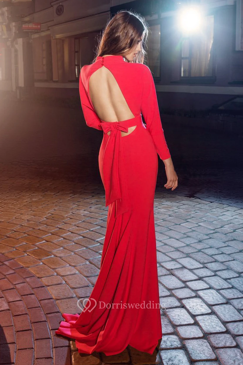 Sheath Floor-Length High Neck Long Sleeve Chiffon Keyhole Dress view 2