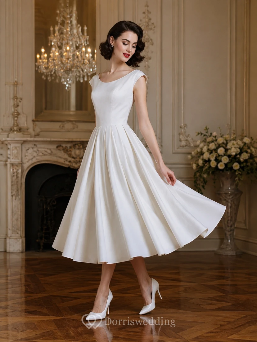 Scoop-neck Cap Satin Empire A-line Tea-length Retro Wedding Dress view 5