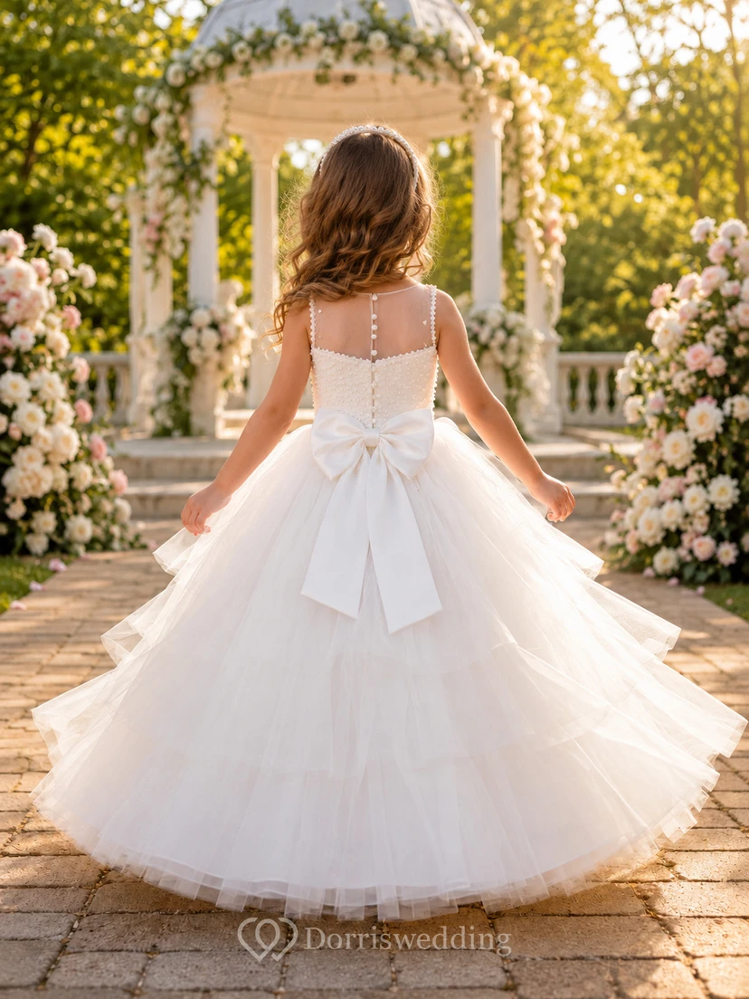 Luxury Tulle Floor-Length Ball Gown Illusion Pearl Bow Flower Girl Garden Wedding Dress view 2