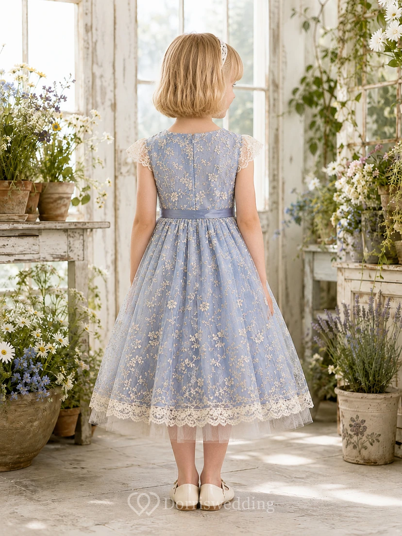 Vestido de niña de las flores azul cielo, encaje, tul, corte en A, cuello joya, largo hasta la rodilla view 2