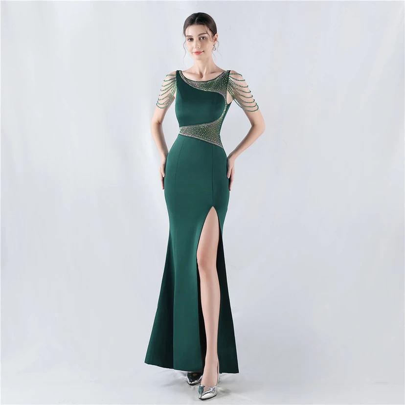 Heavy Hot Diamonds For Transparent Mesh High-Slit Satin Evening Dress Annual Meeting Wedding view 11