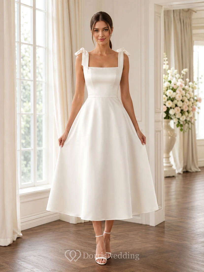 Modern Square Neck Satin Bridal Shower A Line Tea Length Bow Straps