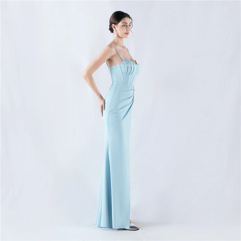 Fishbone Waist Strap Satin Host Meeting Evening Dress view 13