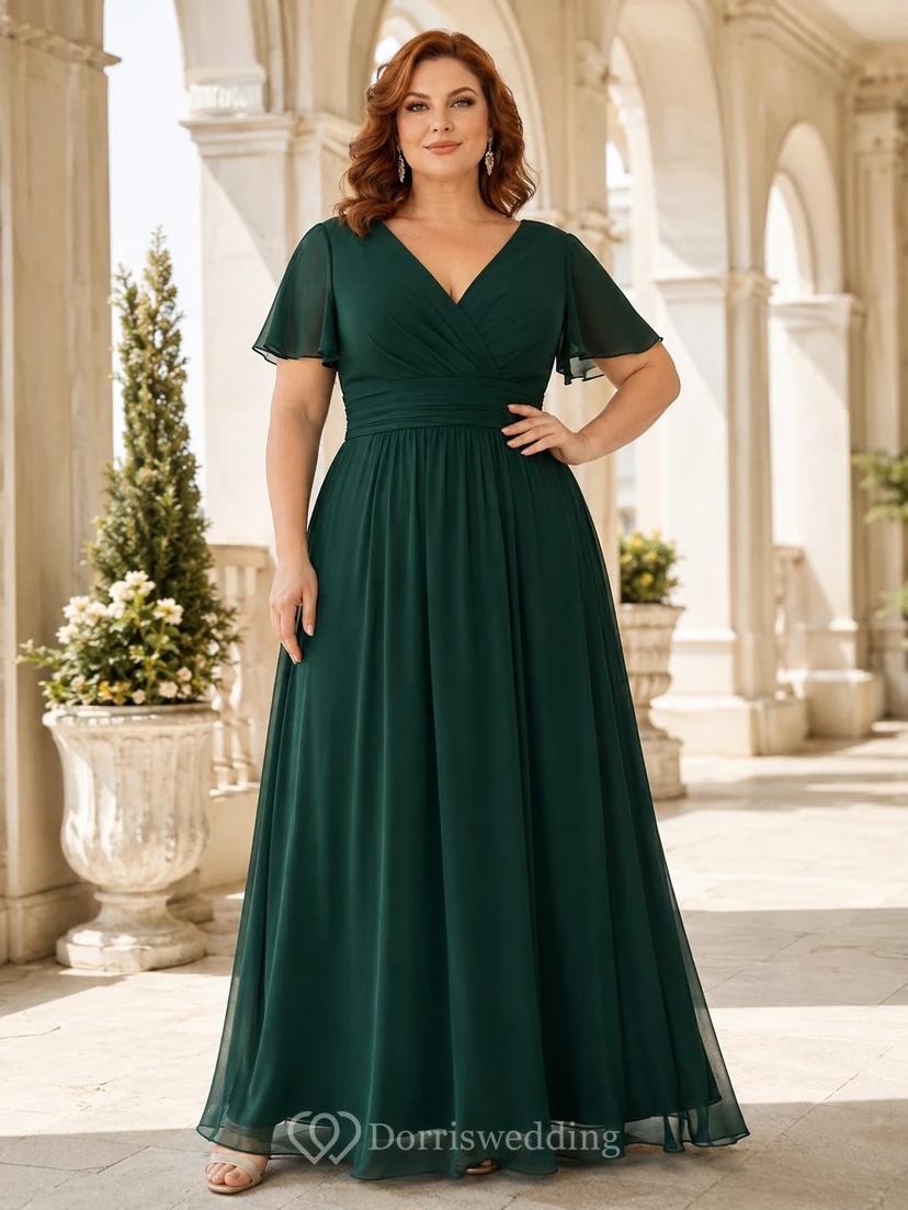 Smaragdgrünes Chiffon-Abendkleid in Übergröße mit V-Ausschnitt
