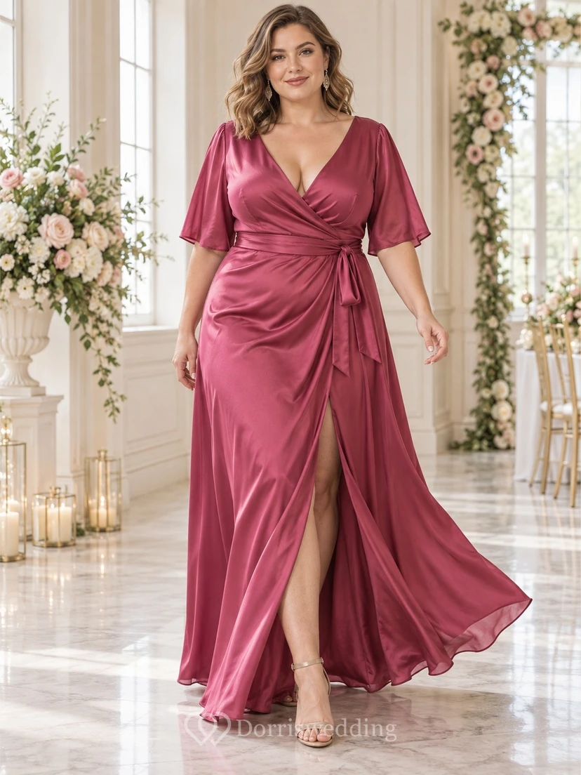 Vestido de dama de honor de talla grande color frambuesa, satén, escote en V, mangas con volantes, abertura y drapeado.