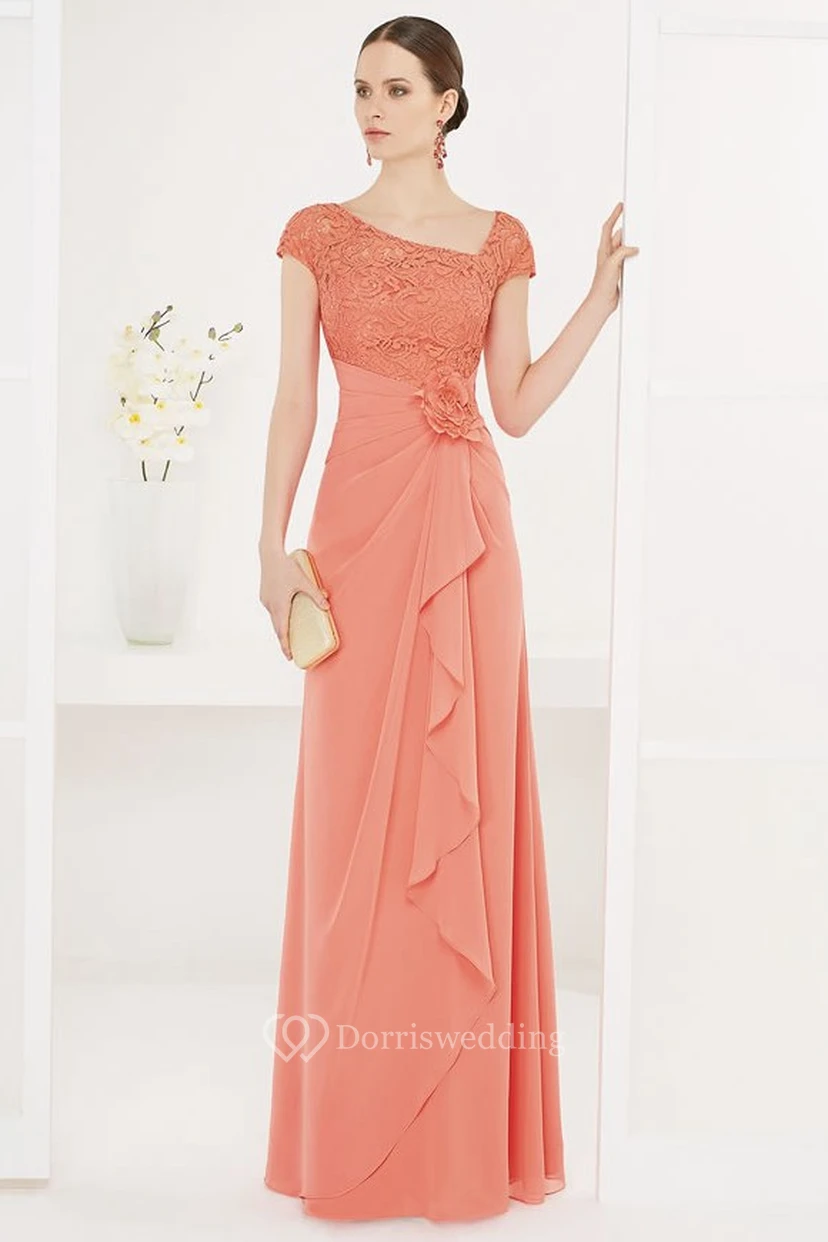 Asymmetric Neck Lace Cap-sleeve Chiffon Long Dress With Side Drape And Flower