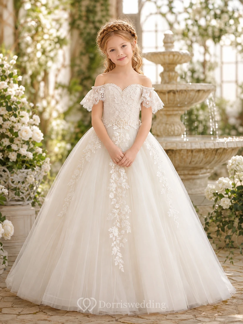 Robe de bal en tulle à épaules dénudées, robe de demoiselle d'honneur en dentelle avec manches courtes et jupe longue.