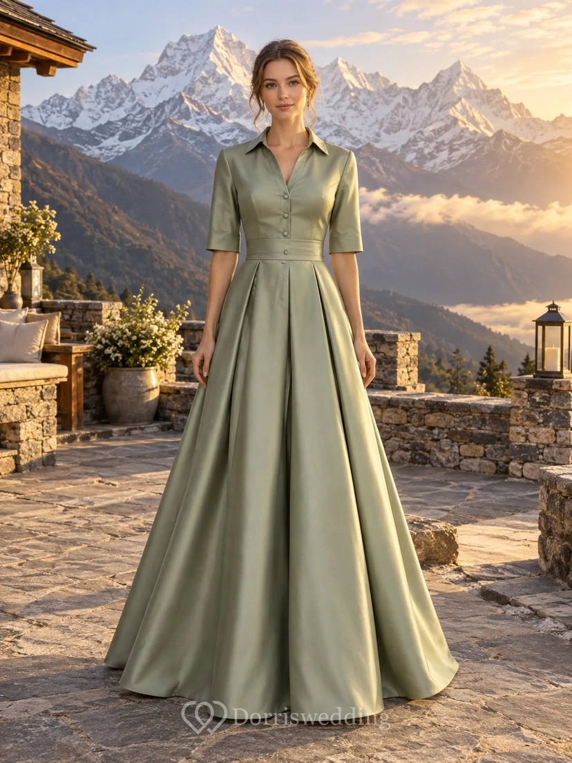 Schlichtes, dezentes, salbeigrünes Hemdblusenkleid aus Satin mit halben Ärmeln und Falten