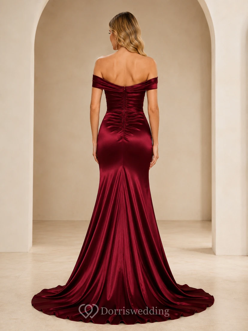 Claret Velvet Off Shoulder Slit Mermaid Evening Gown view 2