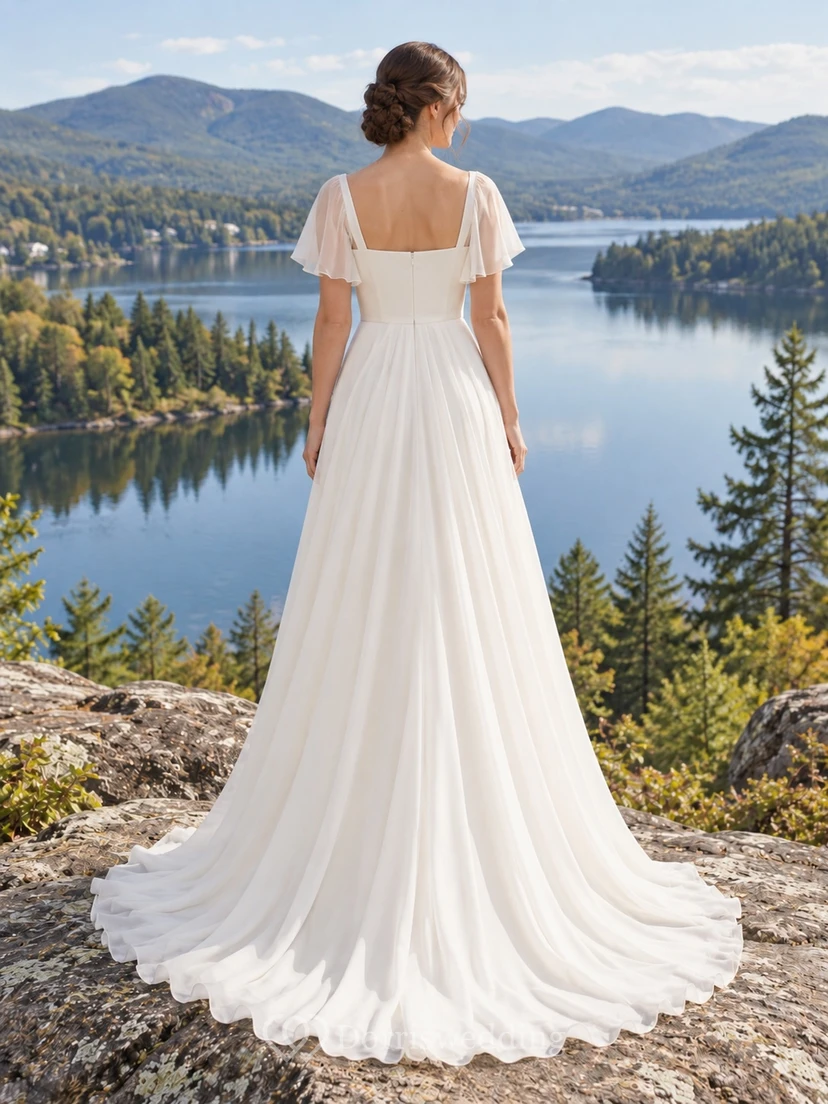 Brautkleid mit eckigem Ausschnitt, flatternden Ärmeln, Chiffon über Satin und A-Linien-Schleppe view 2