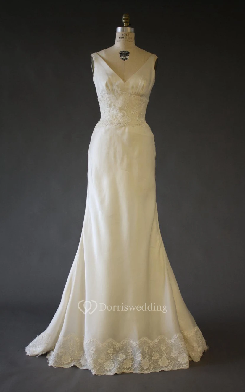 Sleeveless V-Neck A-Line Satin Dress With Lace Hemline
