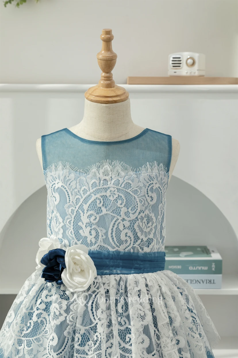 Lace Two-Tone White and Blue Ball Gown Flowergirl Dress with Petals view 3