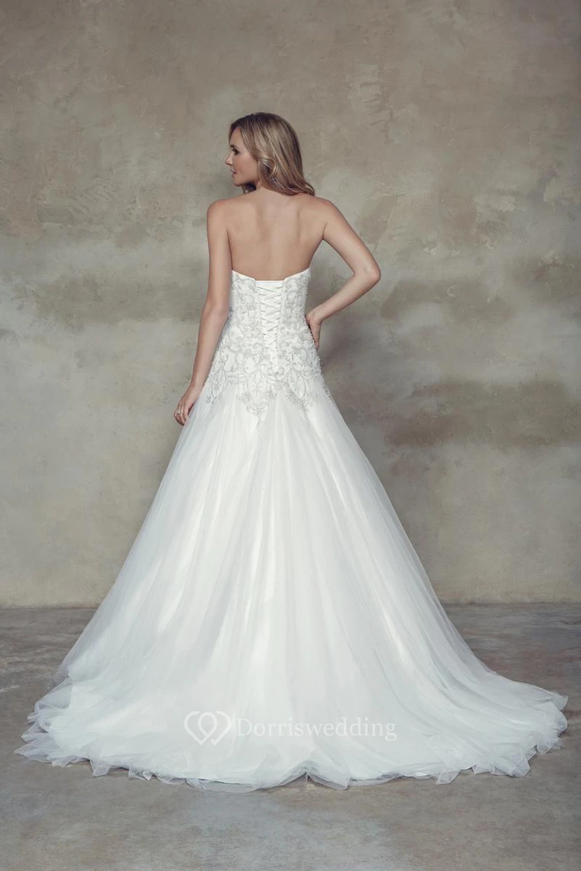 A-Line Long Sweetheart Tulle Wedding Dress With Crystal Detailing And Corset Back view 2