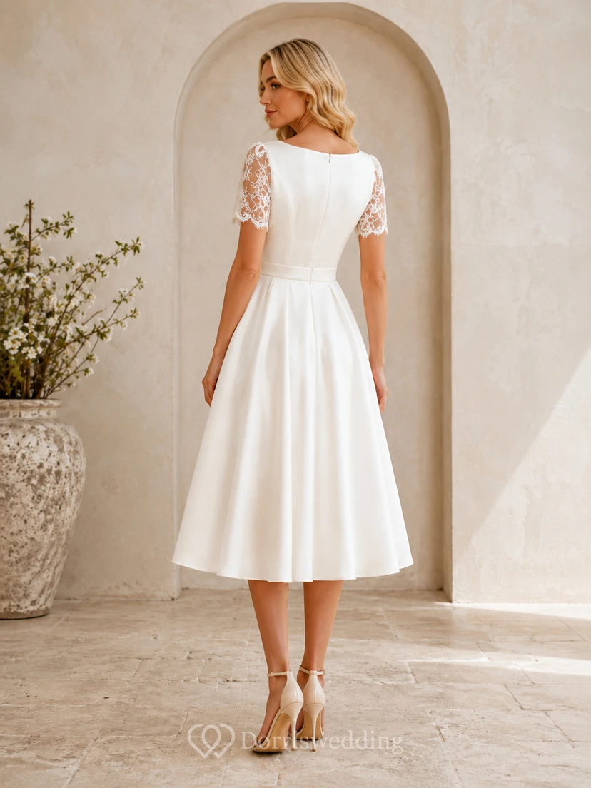 Vestido de novia clásico vintage de satén con escote barco y mangas cortas de encaje, largo hasta la rodilla view 2