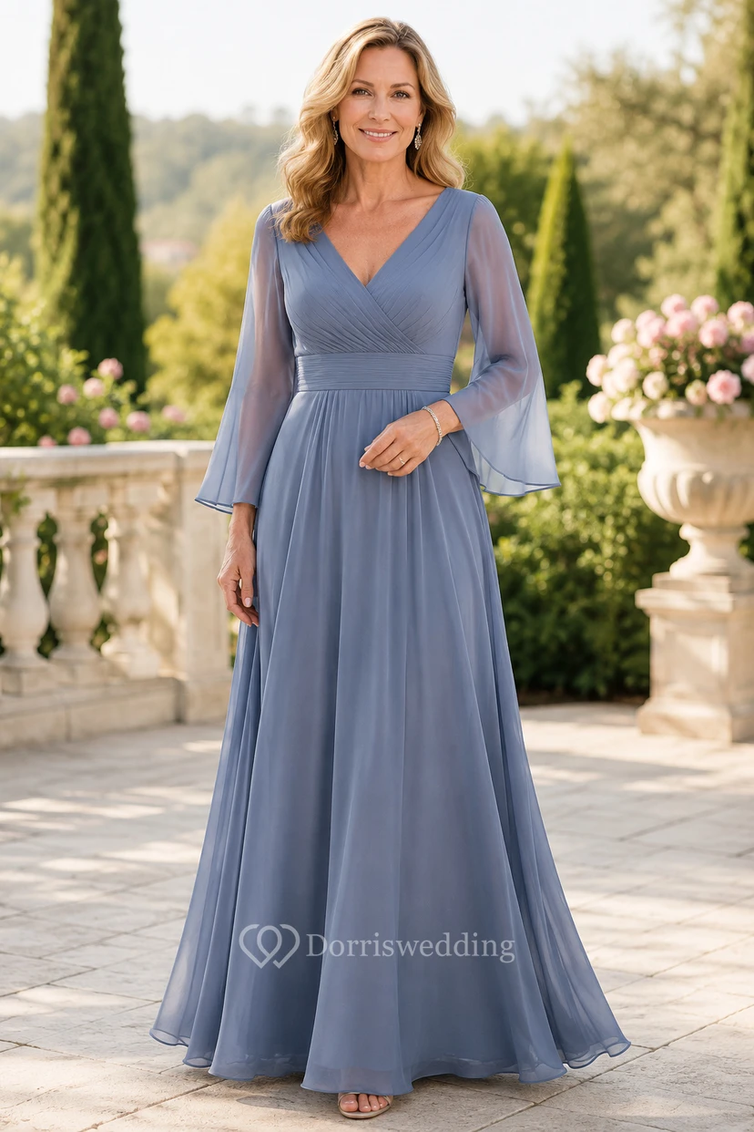 Schieferblaues Chiffon-Kleid in A-Linie mit V-Ausschnitt und Glockenärmeln