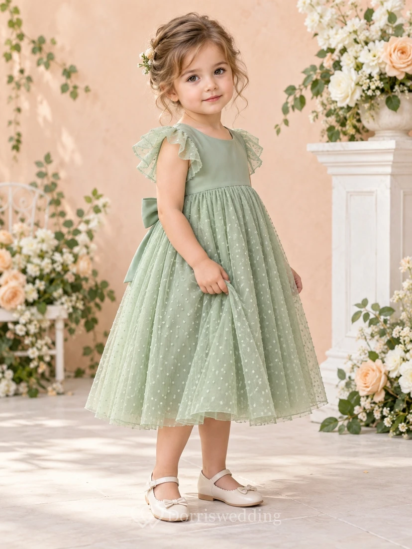 Teelanges, salbeigrünes A-Linien-Kleid aus Tüll mit Punkten, Volantärmeln, V-Ausschnitt am Rücken und Schleife am Rücken für Blumenmädchen