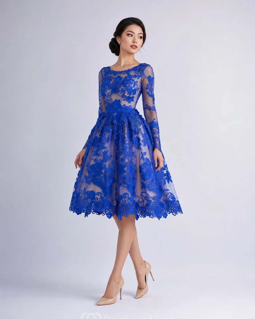 Zartes, ruyalblaues Applikations-Abendkleid mit langen Ärmeln view 14