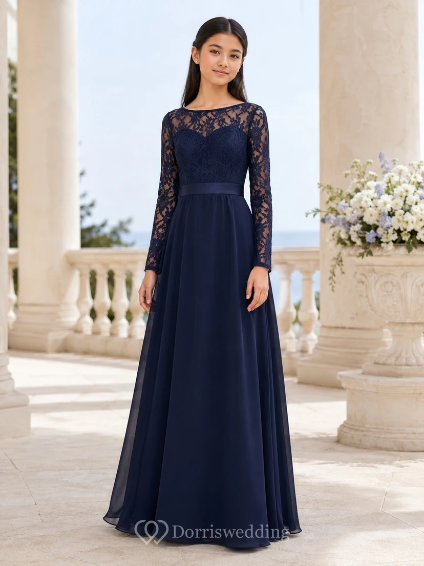 Dunkelblaues Brautjungfernkleid im A-Linien-Stil mit Schmucksteinen, langen Ärmeln und Spitze, schlicht und elegant