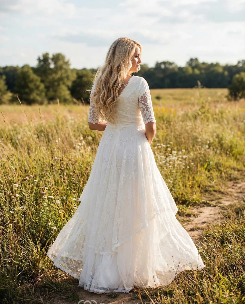 Robe de mariée de maternité à manches courtes en dentelle, col en V, style bohème, coupe trapèze view 2