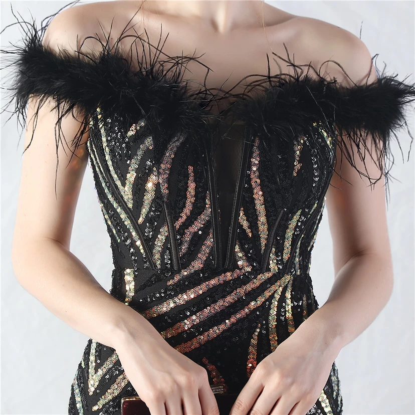 Robe de soirée haut de gamme à sequins, ornée d'un gilet à taille en arêtes de poisson et de plumes d'autruche. view 57