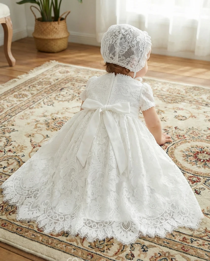 Vestido blanco de encaje de manga corta para niña de bautizo view 2