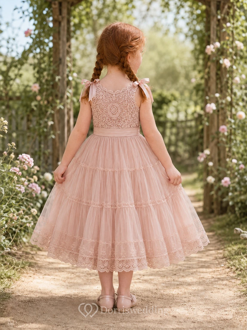 Blush Boho Sleeveless Crochet Lace Tulle Tiered Flower Girl Tea-Length Garden Dress view 2