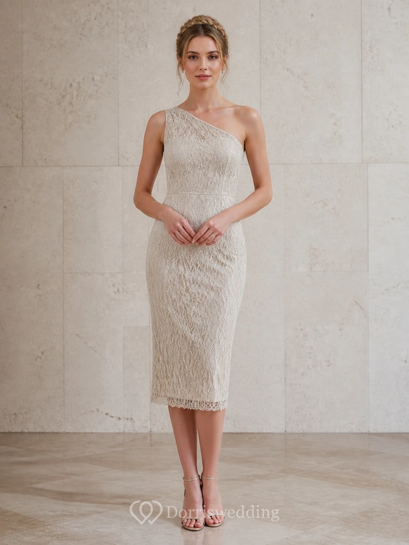 Modernes, schulterfreies, wadenlanges Cocktail-Abendkleid aus strukturierter Spitze mit Bleistiftausschnitt