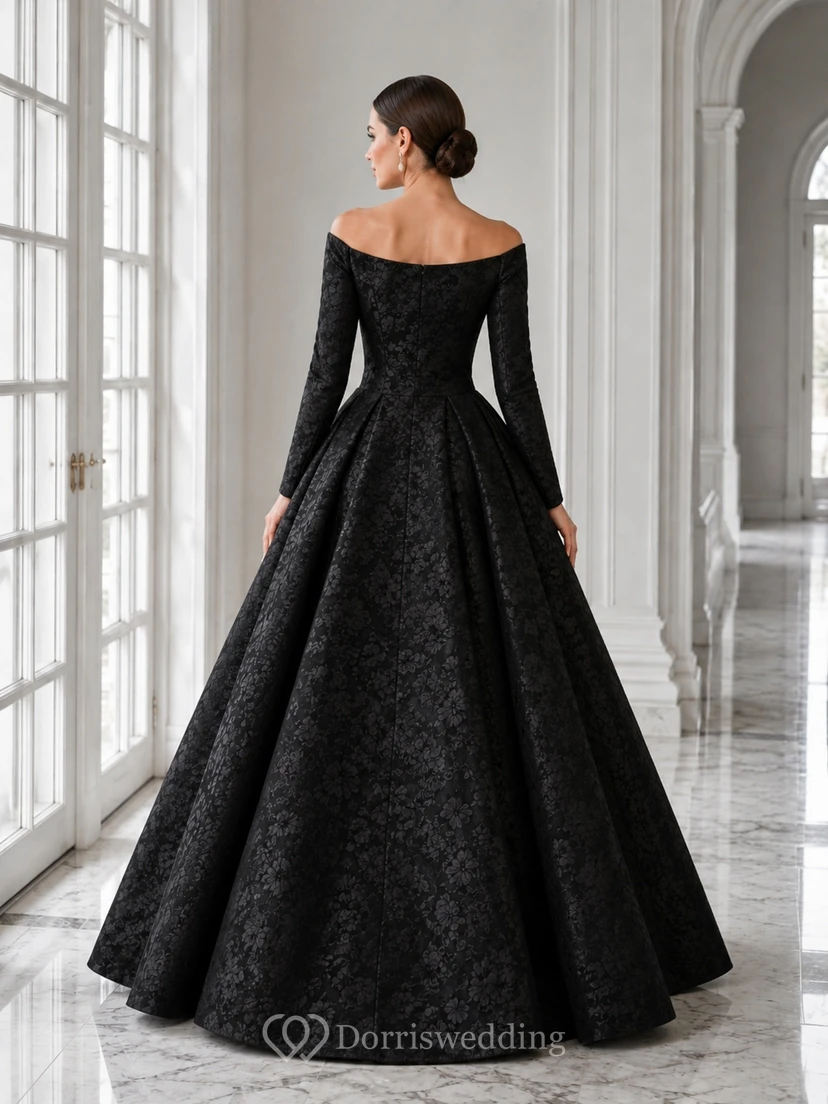 Black Off-Shoulder Long Sleeve Jacquard Ball Gown Floor-Length Vintage Formal Dress view 2