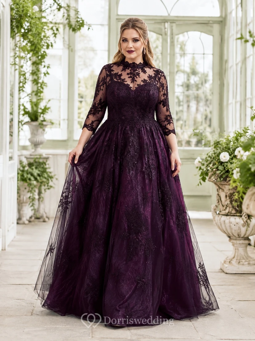 Plus Size Plum High Neck Three-Quarter Lace Sleeve Gothic Ball Gown Floor-Length Dress