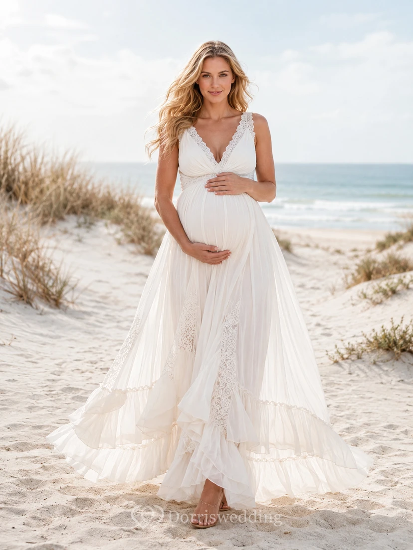 Maternity Wedding Dress V-Neck Sleeveless Lace Tiered Beach Bridal Gown