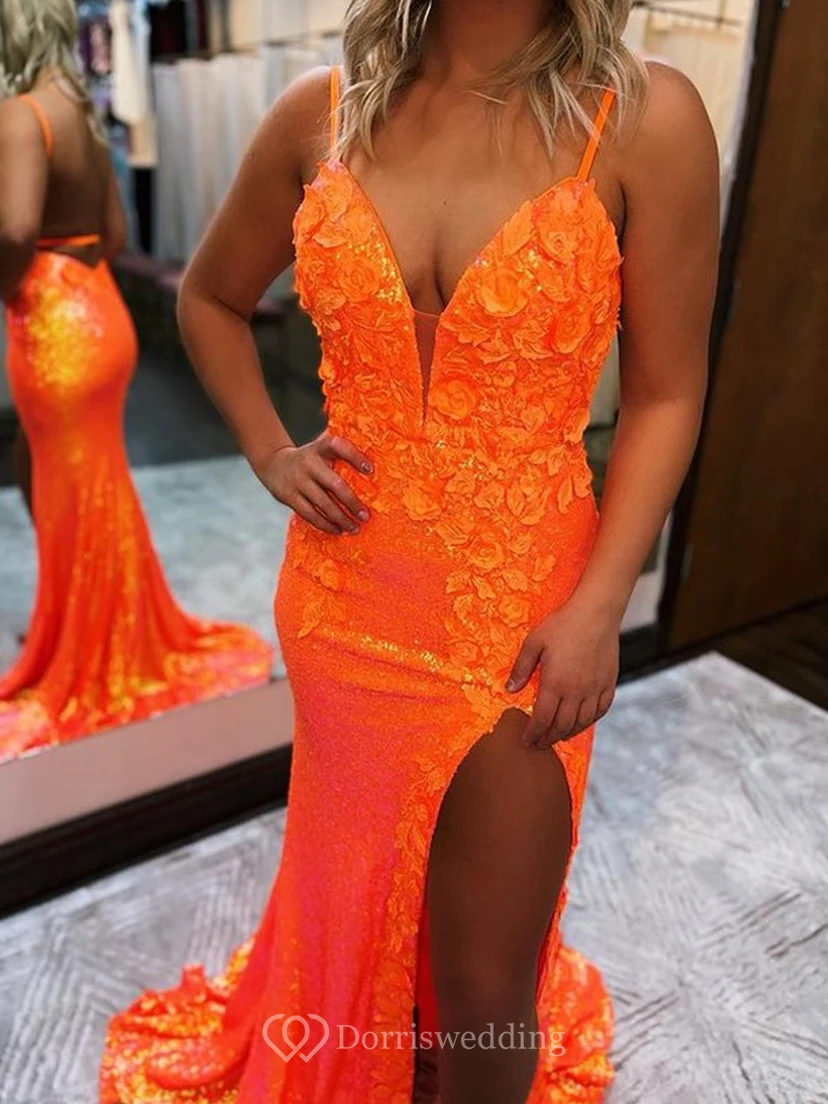Lace Spaghetti Front Split Backless Applique Prom Dress view 3