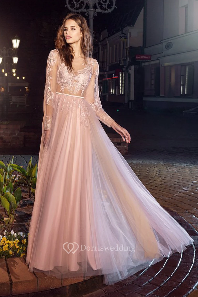 A-Line Bateau Puff Long Sleeve Tea-Length Lace Illusion Dress With Appliques