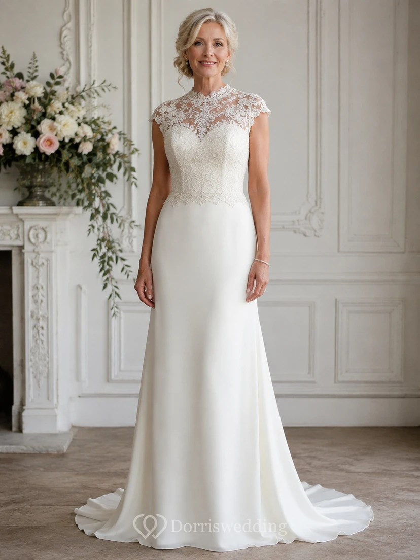 Robe de mariée fourreau en dentelle illusion à manches courtes et traîne courte, idéale pour les mariées plus âgées.