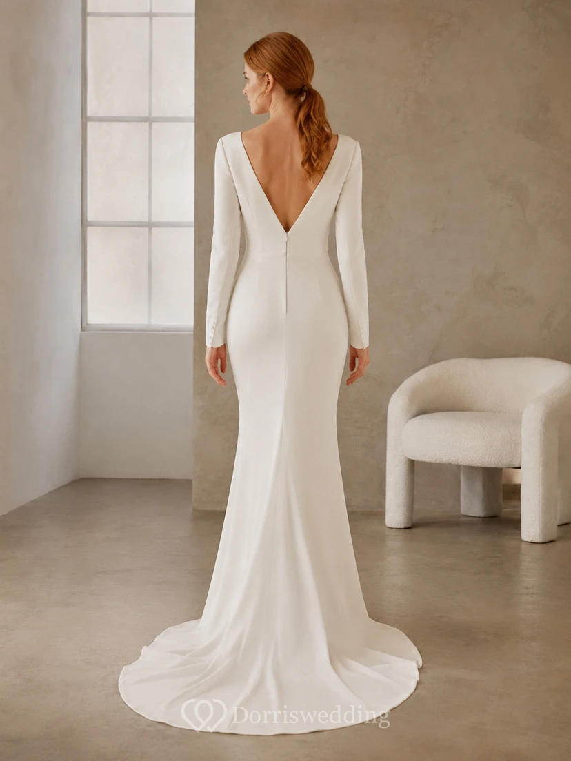 Modest Long Sleeve V-Neck Sheath Crepe Wedding Dress With Sweep Train view 2