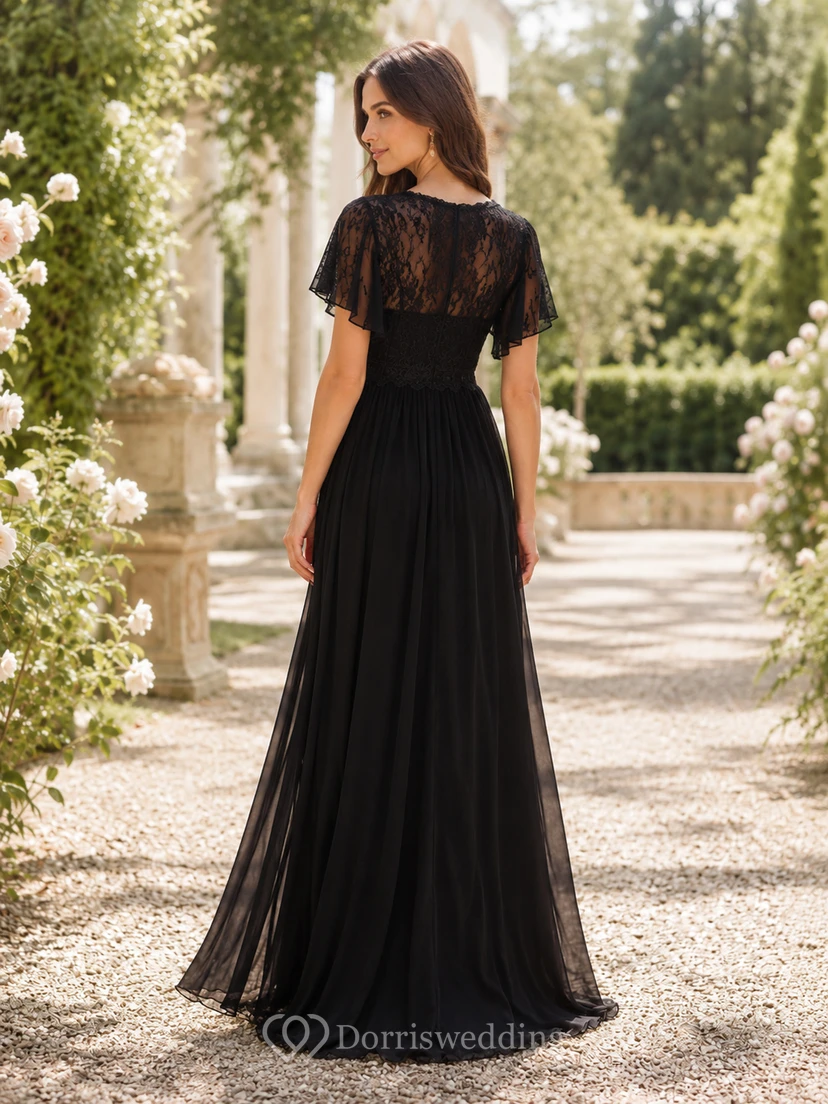 Black Boho V-Neck Flutter Sleeve Chiffon Garden Wedding Dress view 2