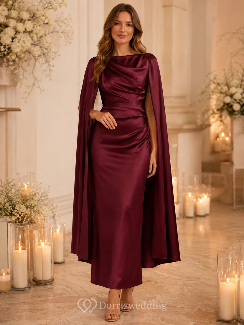 Robe fourreau bordeaux en satin à col bénitier et longueur cheville.