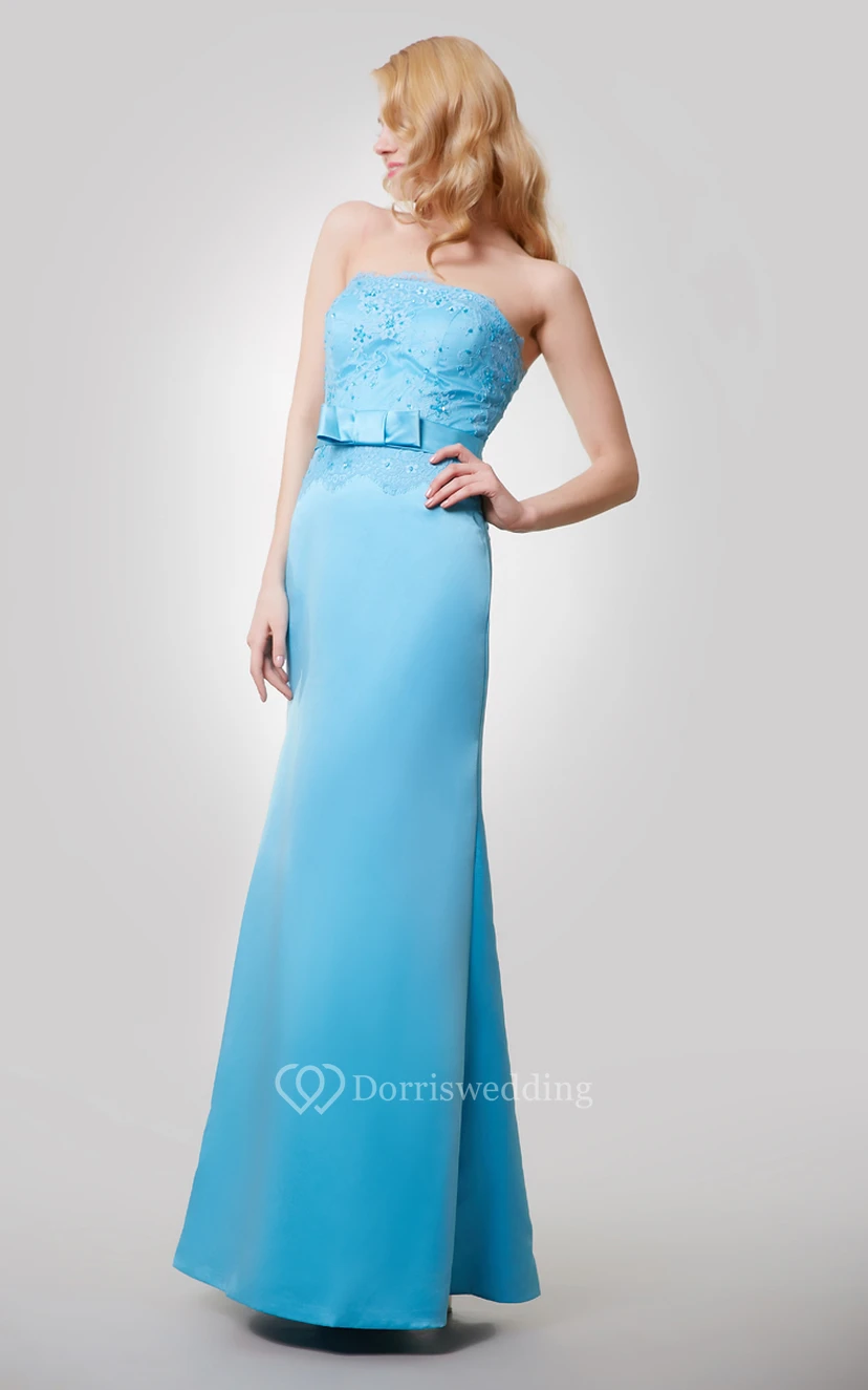 Satin Floor Length Strapless Dress With Beaded Lace Bodice and Bow view 2