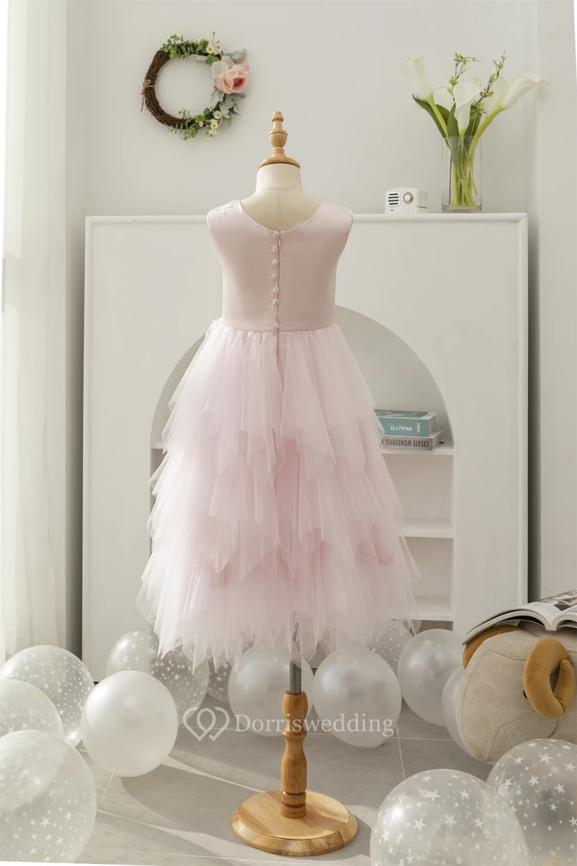 Bateau-neck Sleeveless Tulle A-line Layered Ruffled Applique Flowergirl Dress view 2