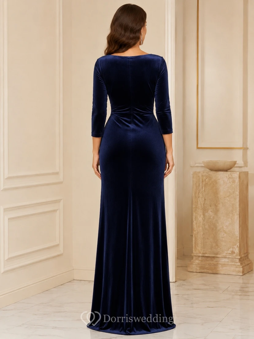 Ink Navy Velvet Sweetheart Long-Sleeve Sheath Floor-Length Evening Dress view 2