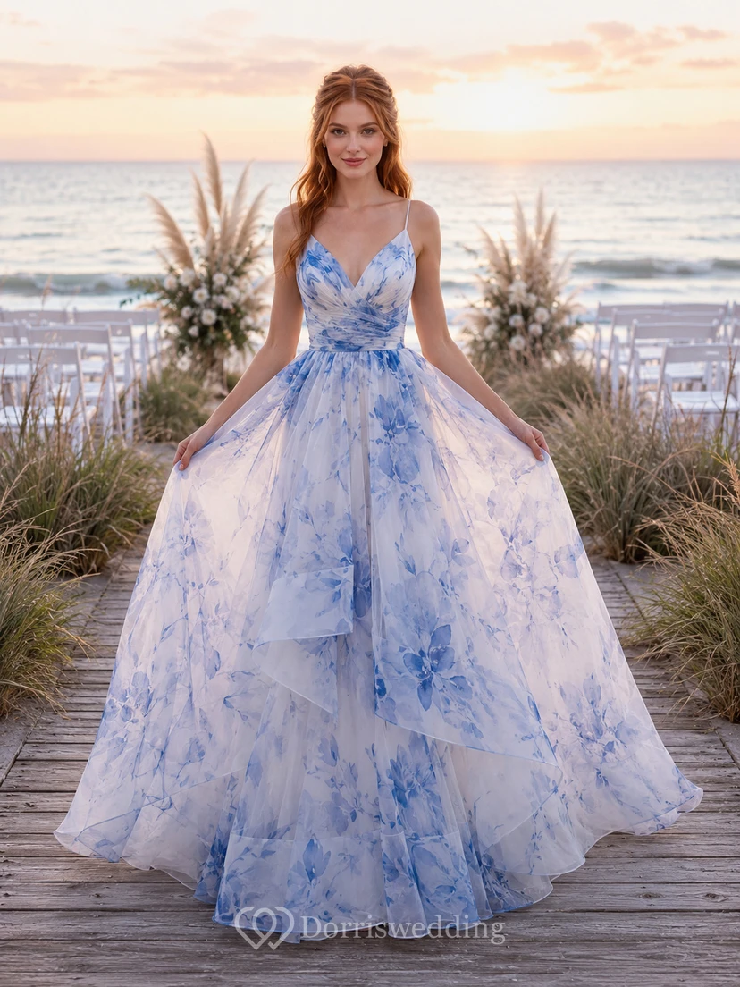 Blue Floral Spaghetti Strap Layered Organza A Line Wedding Dress