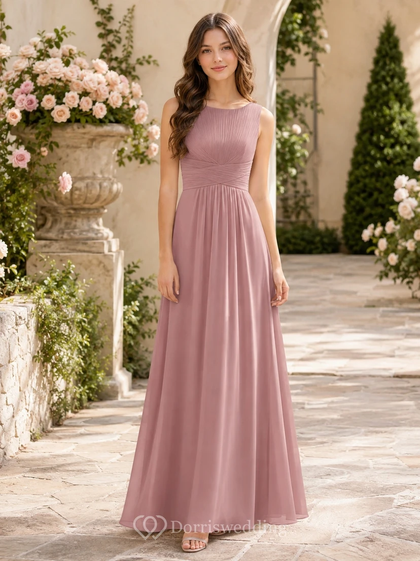 Vestido de dama de honor juvenil color rosa empolvado, corte en A, sin mangas.