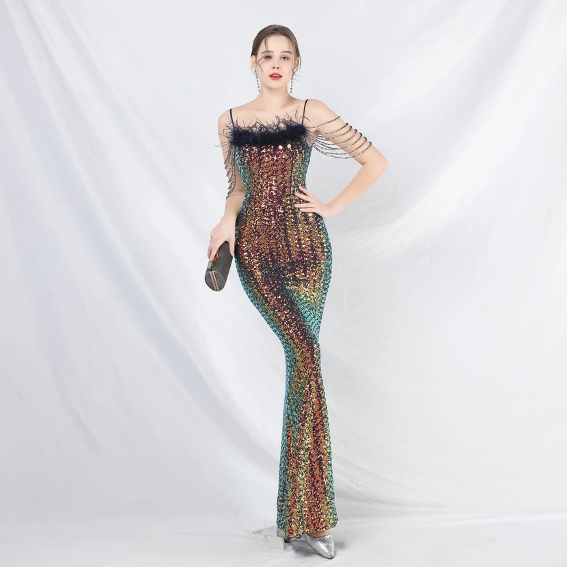 Craft Beaded Ostrich Feather Fantasy Sequined Long Evening Dress view 50