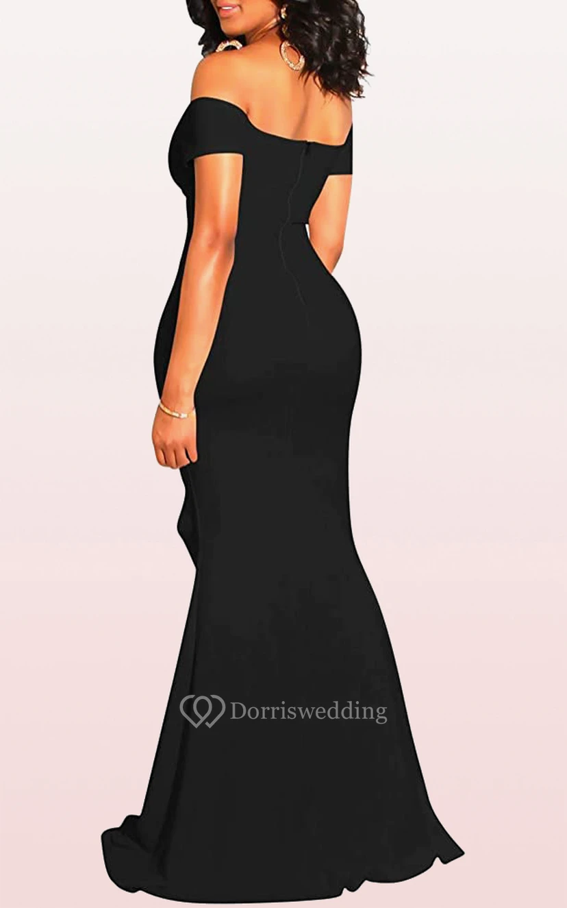 Modern Off-the-shoulder Jersey Mermaid Sleeveless Guest Formal Dress With Split Front view 3